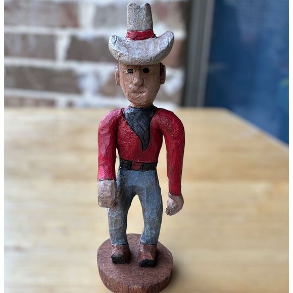 Folk Art Primitive Hand Carved Painted Wooden Texas Cowboy Farmer Western 4.5" H - Picture 1 of 6